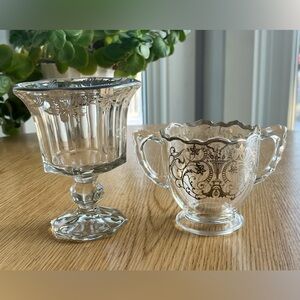 Vintage Silver Overlay Glassware Goblet and Double Handled Sugar Bowl
